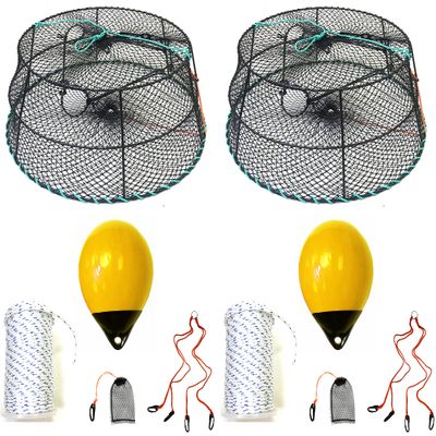 2-Pack of KUFA Sports Vinyl Coated Prawn Trap(Stretched Mesh Size:1-1/8") with 400' Rope, Yellow Float, Bait Bag & Harness Combo ((CT78+PBS38Y+HA2) X2)