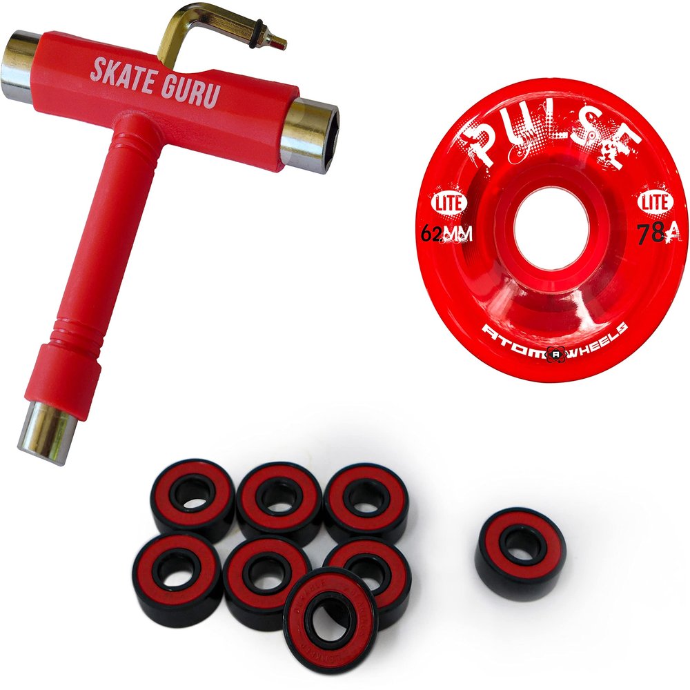 SKATE GURU Outdoor Quad Roller Wheels 78A Bundle Atom Pulse Lite 62x33 Red + Bearings ABEC9 Durable + Tool / 2 Packs - 8 Wheels