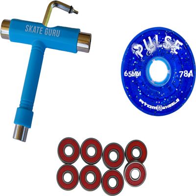 SKATE GURU Outdoor Quad Roller Wheels 78A Bundle Atom Pulse Glitter 65x37 Glitter Blue + Bearings ABEC9 Universal + Tool / 2 Packs - 8 Wheels