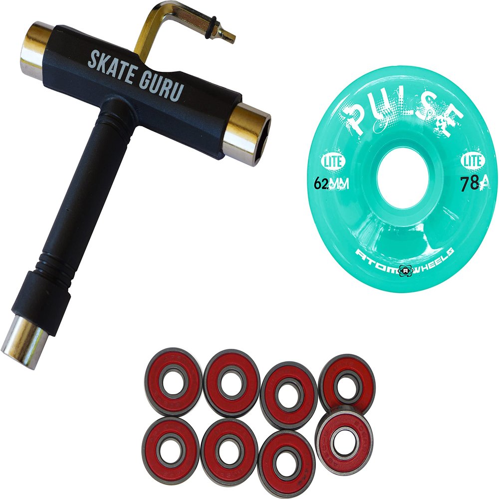 SKATE GURU Outdoor Quad Roller Wheels 78A Bundle Atom Pulse Lite 62x33 Mint + Bearings ABEC9 Universal + Tool / 2 Packs - 8 Wheels