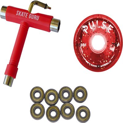 SKATE GURU Outdoor Quad Roller Wheels 78A Bundle Atom Pulse Glitter 65x37 Glitter Red + Bearings ABEC9 Metal Seal + Tool / 2 Packs - 8 Wheels
