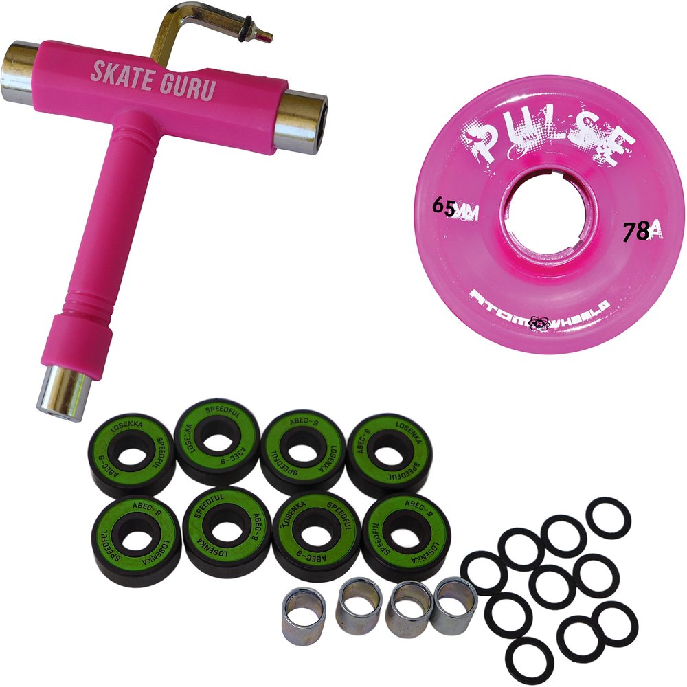 SKATE GURU Outdoor Quad Roller Wheels 78A Bundle Atom Pulse 65x37 Pink + Bearings ABEC9 High Speed + Tool / 2 Packs - 8 Wheels