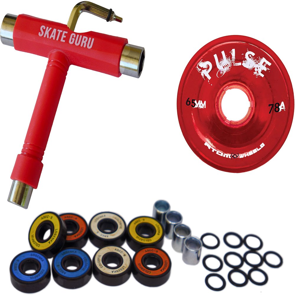 SKATE GURU Outdoor Quad Roller Wheels 78A Bundle Atom Pulse 65x37 Red + Bearings ABEC9 Colorful + Tool / 2 Packs - 8 Wheels