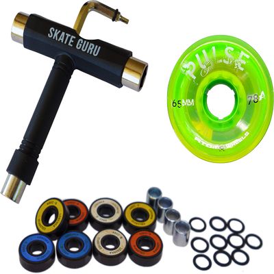 SKATE GURU Outdoor Quad Roller Wheels 78A Bundle Atom Pulse 65x37 Lime + Bearings ABEC9 Colorful + Tool / 2 Packs - 8 Wheels