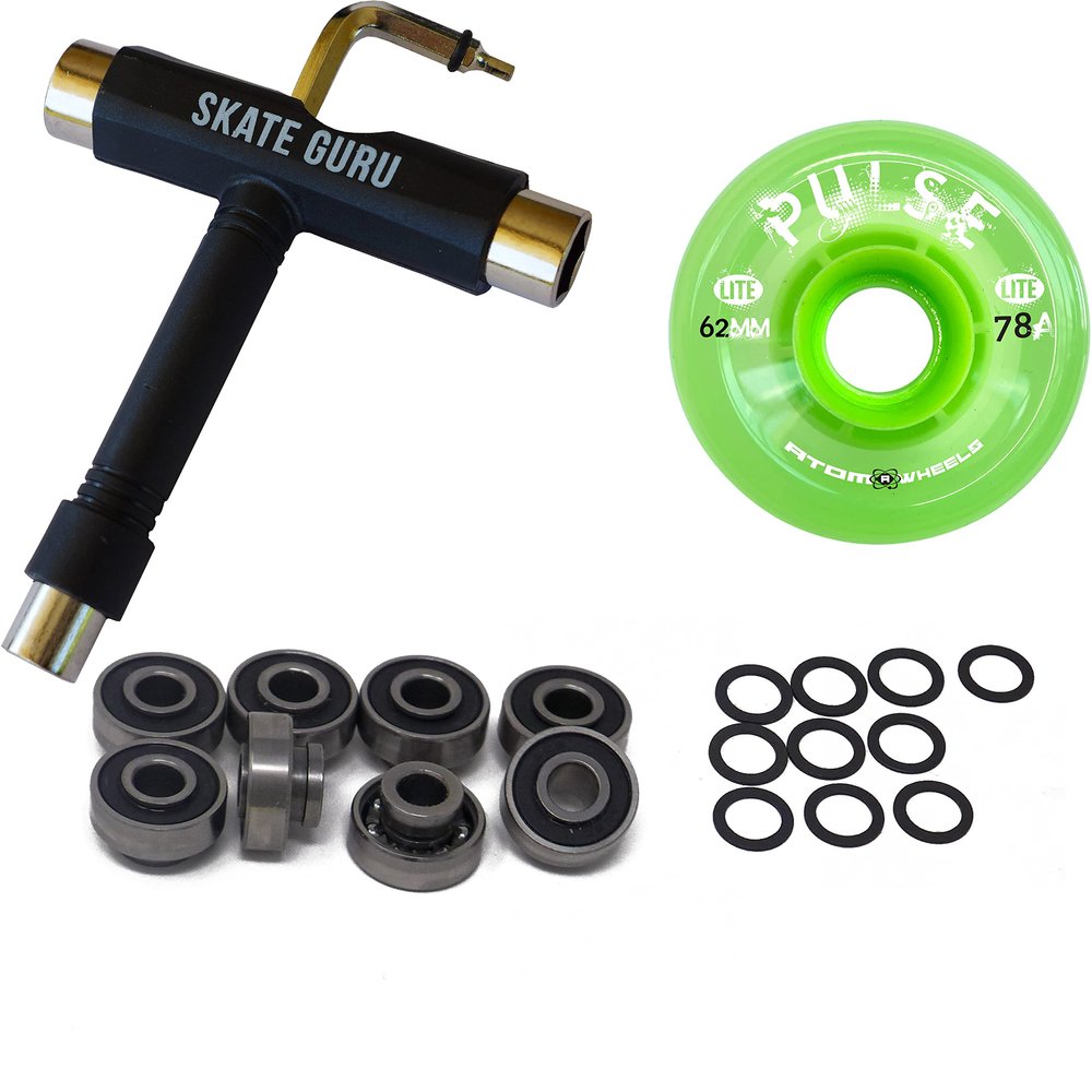 SKATE GURU Outdoor Quad Roller Wheels 78A Bundle Atom Pulse Lite 62x33 Lime + Bearings ABEC11 Universal + Tool / 2 Packs - 8 Wheels