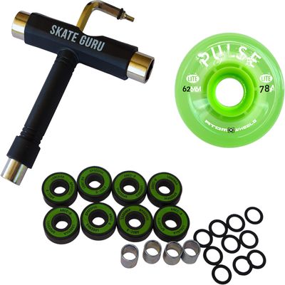 SKATE GURU Outdoor Quad Roller Wheels 78A Bundle Atom Pulse Lite 62x33 Lime + Bearings ABEC9 High Speed + Tool / 2 Packs - 8 Wheels