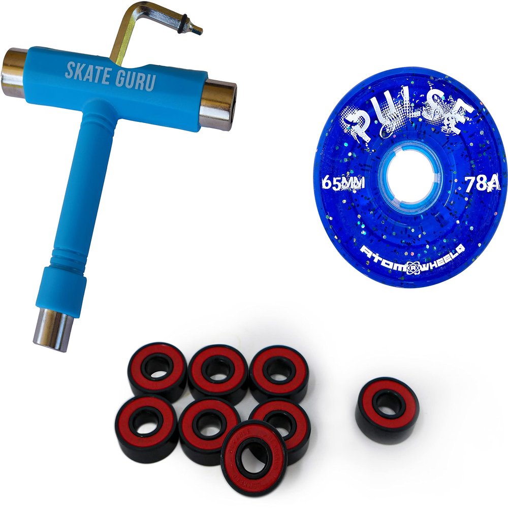 SKATE GURU Outdoor Quad Roller Wheels 78A Bundle Atom Pulse Glitter 65x37 Glitter Blue + Bearings ABEC9 Durable + Tool / 2 Packs - 8 Wheels