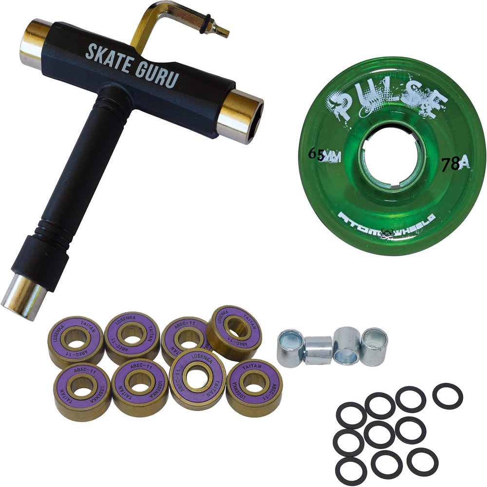 SKATE GURU Outdoor Quad Roller Wheels 78A Bundle Atom Pulse 65x37 Green + Bearings ABEC11 Titanium + Tool / 2 Packs - 8 Wheels