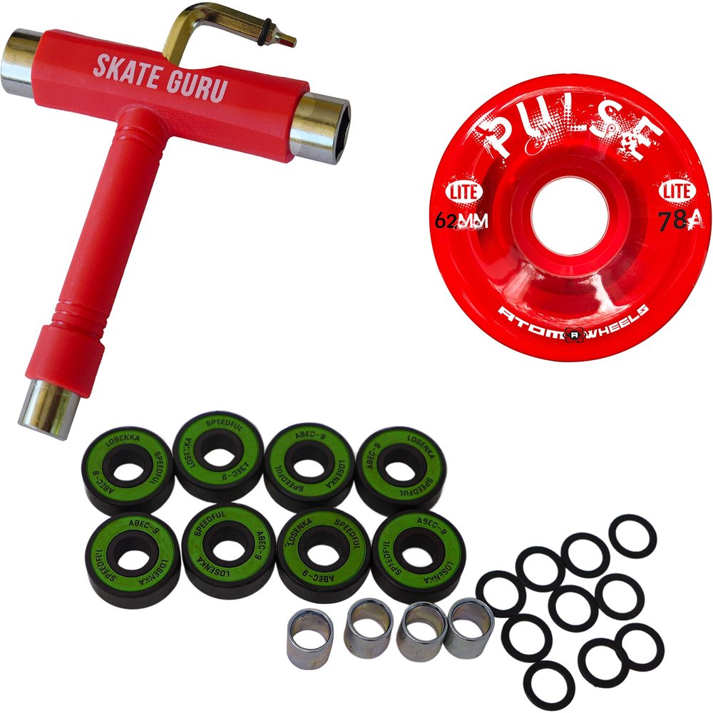 SKATE GURU Outdoor Quad Roller Wheels 78A Bundle Atom Pulse Lite 62x33 Red + Bearings ABEC9 High Speed + Tool / 2 Packs - 8 Wheels