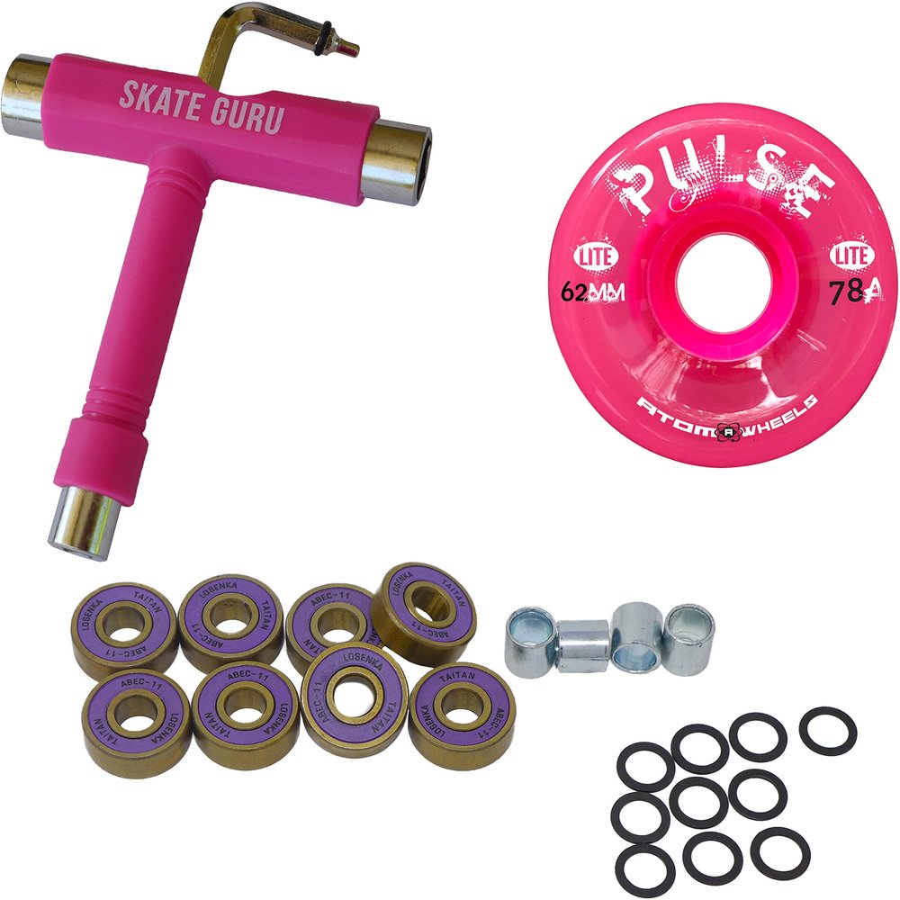 SKATE GURU Outdoor Quad Roller Wheels 78A Bundle Atom Pulse Lite 62x33 Pink + Bearings ABEC11 Titanium + Tool / 2 Packs - 8 Wheels