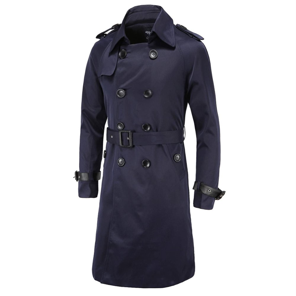 Maiyifu-GJ Men's Double Breasted Trench Coat Stylish Slim Fit Mid Long Belted Windbreaker Lapel Military Jacket with Belt (Dark Blue,3X-Large)