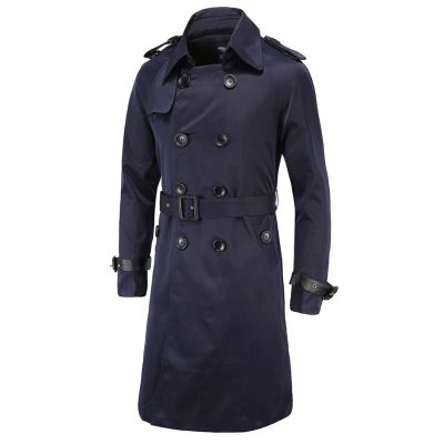 Maiyifu-GJ Men's Double Breasted Trench Coat Stylish Slim Fit Mid Long Belted Windbreaker Lapel Military Jacket with Belt (Dark Blue,Medium)