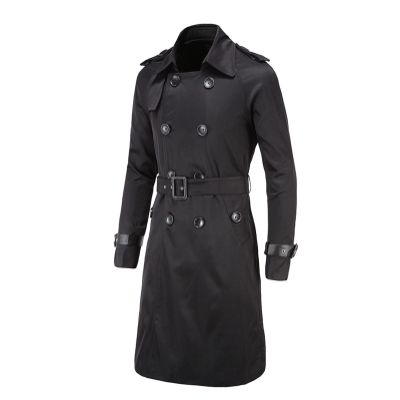 Maiyifu-GJ Men's Double Breasted Trench Coat Stylish Slim Fit Mid Long Belted Windbreaker Lapel Military Jacket with Belt (Black,X-Large)