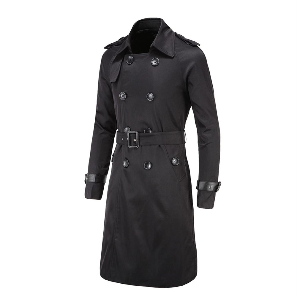 Maiyifu-GJ Men's Double Breasted Trench Coat Stylish Slim Fit Mid Long Belted Windbreaker Lapel Military Jacket with Belt (Black,X-Large)