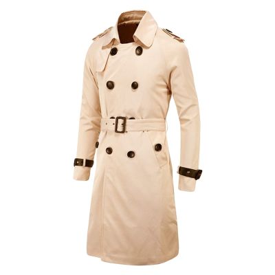 Maiyifu-GJ Men's Double Breasted Trench Coat Stylish Slim Fit Mid Long Belted Windbreaker Lapel Military Jacket with Belt (Khaki,XX-Large)