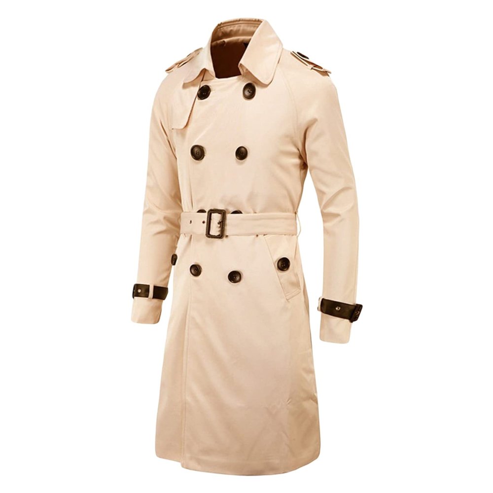 Maiyifu-GJ Men's Double Breasted Trench Coat Stylish Slim Fit Mid Long Belted Windbreaker Lapel Military Jacket with Belt (Khaki,XX-Large)