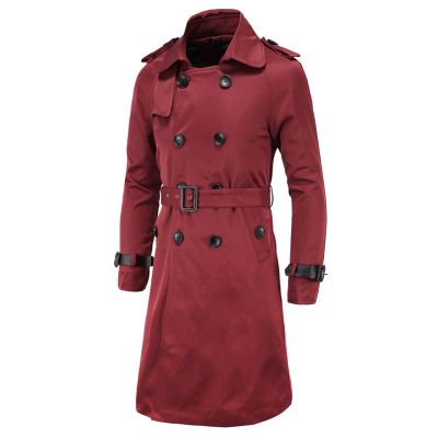 Maiyifu-GJ Men's Double Breasted Trench Coat Stylish Slim Fit Mid Long Belted Windbreaker Lapel Military Jacket with Belt (Red,3X-Large)