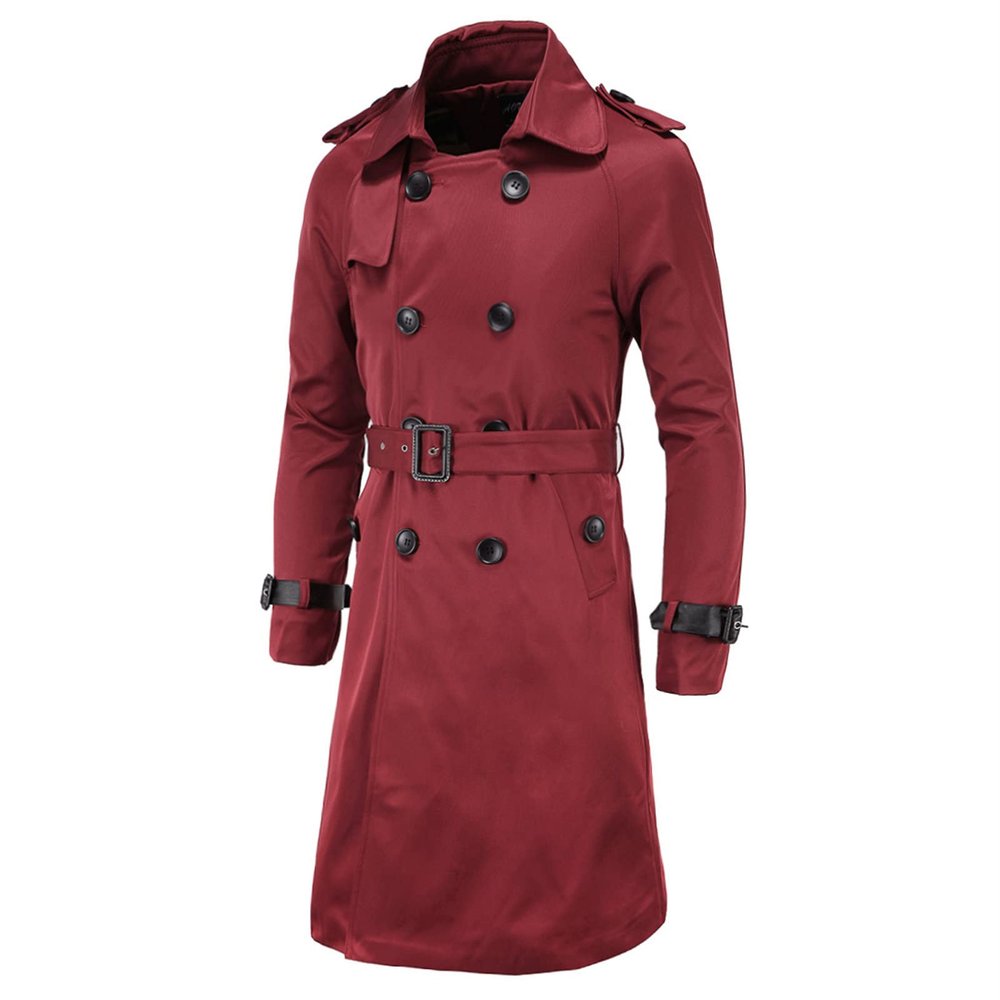 Maiyifu-GJ Men's Double Breasted Trench Coat Stylish Slim Fit Mid Long Belted Windbreaker Lapel Military Jacket with Belt (Red,3X-Large)