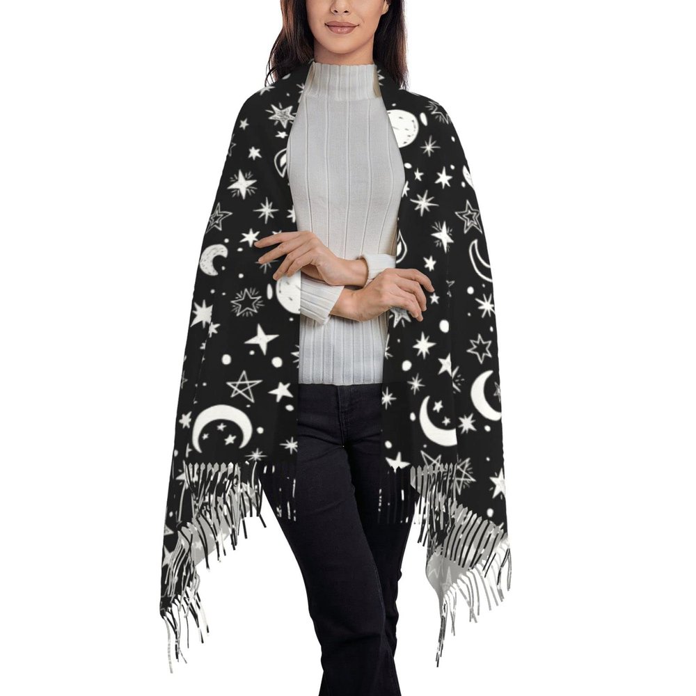 Bagea-Ka Black White Moon and Star Pattern Scarf Long Shawl Wraps Pashmina for Women Girls with Tassels Soft Warm Cozy