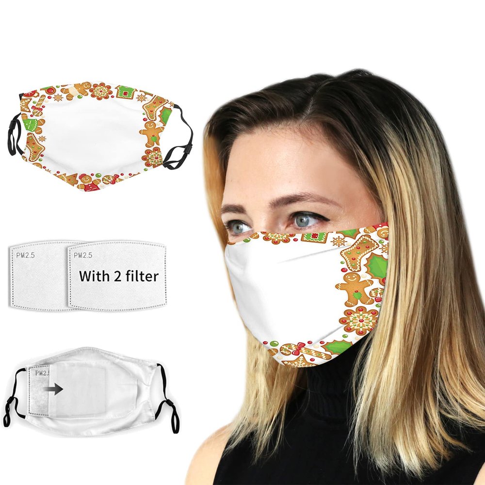 VeJerKK Christmas Cloth Face Mask Bandana With 2pcs Filters,Gingerbread Cookies and Biscuits,Balaclava Adjustable Earloop Washable Reusable for Men Women,Green Brown and Red