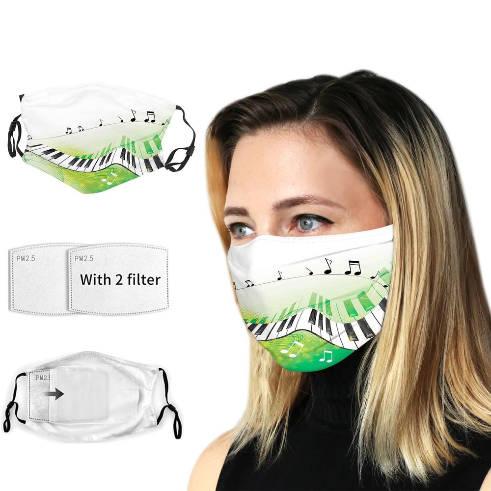 VeJerKK Music Face Mask Balaclava Windproof Men's Women's,Music Piano Summertime,Dustproof Mouth Cover With Filter Pocket Adjustable Elastic Strap,Lime Green Black White