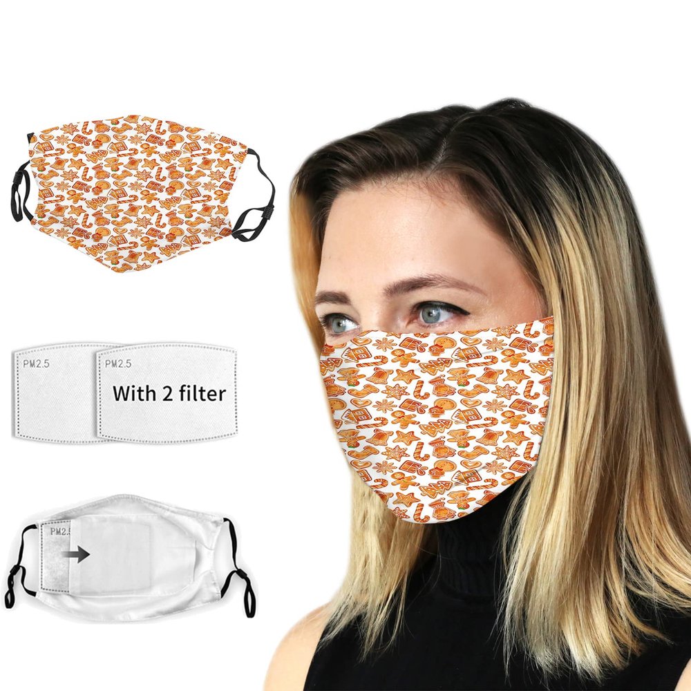 VeJerKK Christmas Cloth Face Mask with Adjustable Ear Loops&Nose Clip with 5-Layer Filter,Gingerbread Man House,Unisex Fits Most Adults Brown White