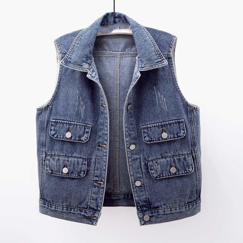 QIUFEN Ladies Denim Sleeveless Jacket - Wild Fashion Solid Color Pocket Button Denim Vest Women,Loose Sleeveless Female Slim Short Veste Coat,Women Large Size Street Waistcoat Top,Black,XL