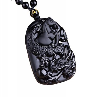 Natural black obsidian dragon horse necklace Amulet pendant with adjustable bead chain