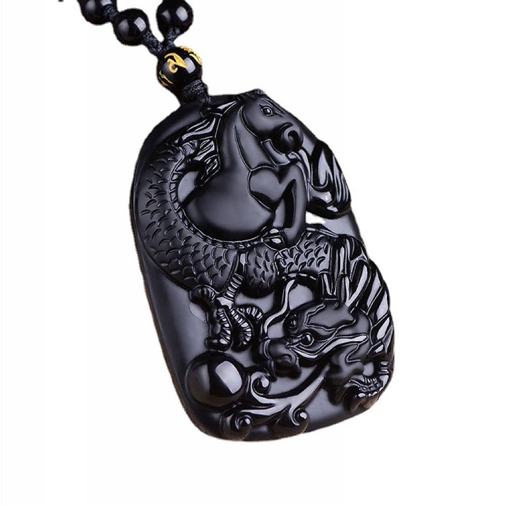 Natural black obsidian dragon horse necklace Amulet pendant with adjustable bead chain