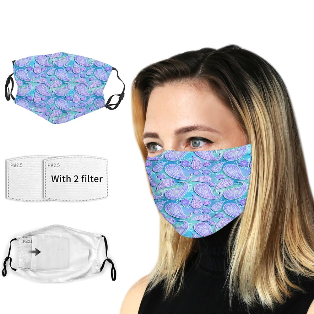 VeJerKK Fashion face masks,Blue Doodle Floral Paisley Pattern on Shiny Turquoise Background,Reusable Face Mask Balaclava Washable Outdoor Nose Mouth Cover for Men and Women