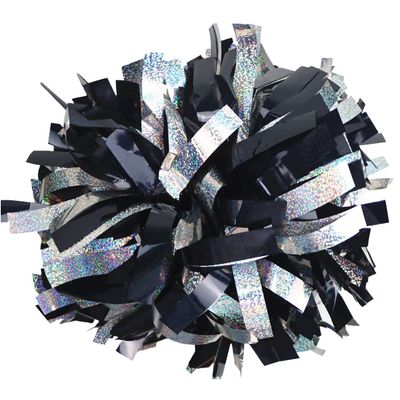 GUIFIER 6 inch 1 Pair Metallic Cheerleading Pom Pom with Baton Handle, Cheerleader Pom Poms, Cheerleading Holographic Pom Poms, Cheer Pom Poms Gifts Pompoms for Cheering Squad (Black and Silver)