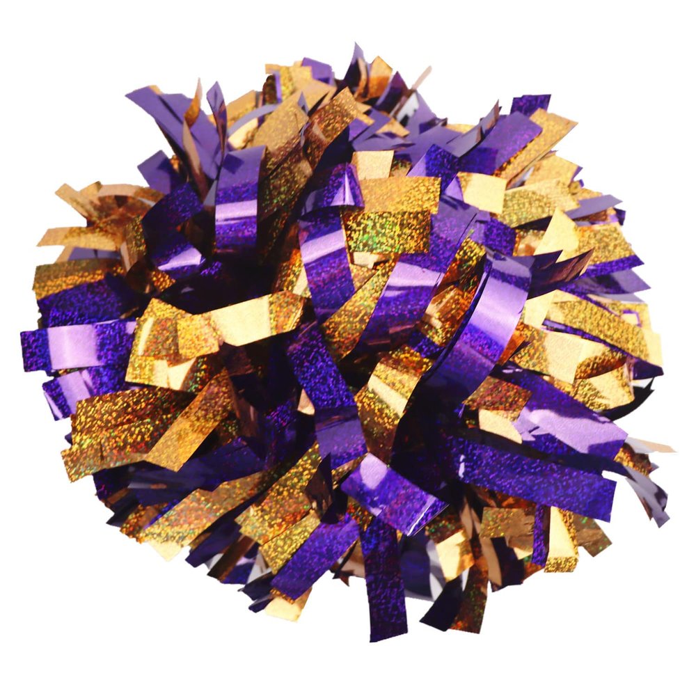 GUIFIER Pack of 2 Pom Poms Cheerleading 6 Inches Metallic Holographic Cheerleader Pom Poms with Baton Handle, Pompoms Cheer Pom Pom for Cheering Squad Daily Training Team Spirit (Purple and Gold)