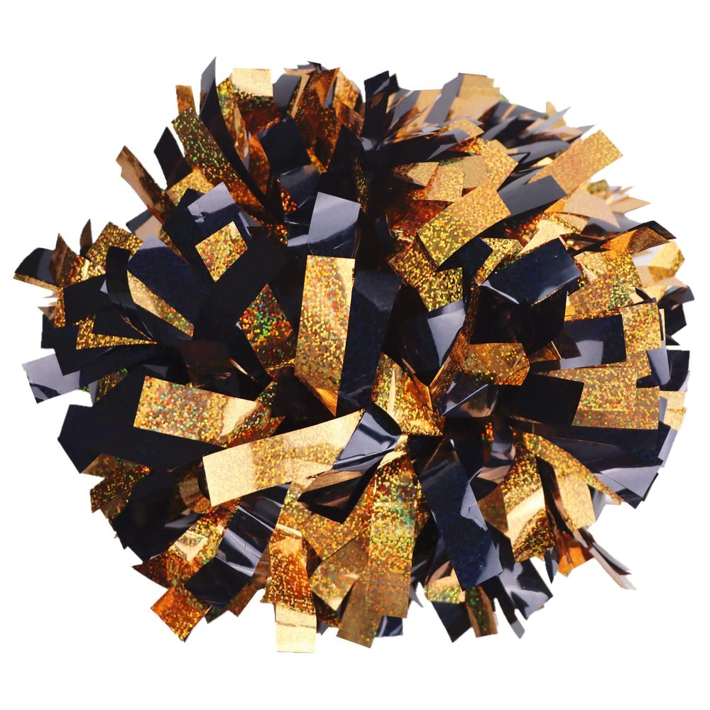 GUIFIER 2 Pack 6 Inches Metallic Holographic Cheerleading Pom Poms, Cheer Pom Pom with Baton Handle, Pompoms Cheerleader for Kids Girls Cheering Squad Daily Training Team Spirit (Black and Gold)