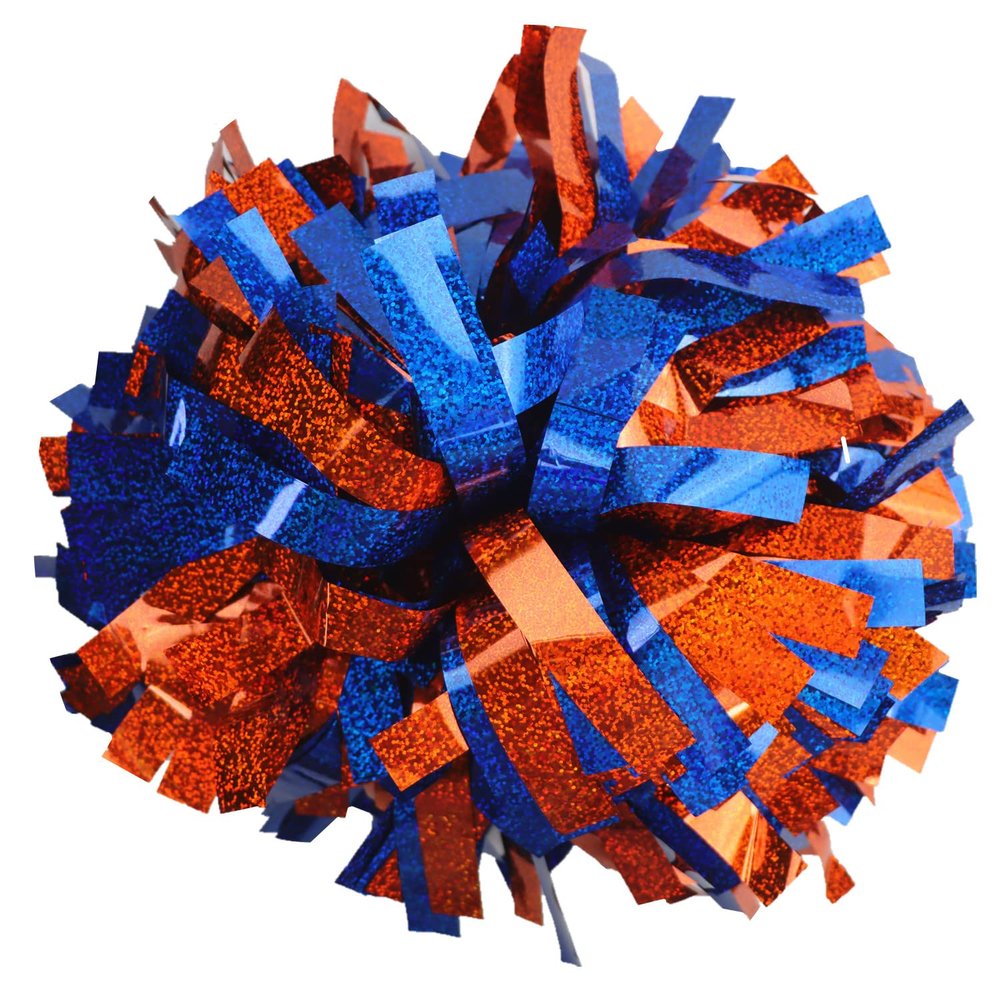 GUIFIER 6 inch 1 Pair Metallic Cheerleading Pom Pom with Baton Handle, Cheerleader Pom Poms, Cheerleading Holographic Pom Poms, Cheer Pom Poms Gifts Pompoms for Cheering Squad (Orange and Royal Blue)