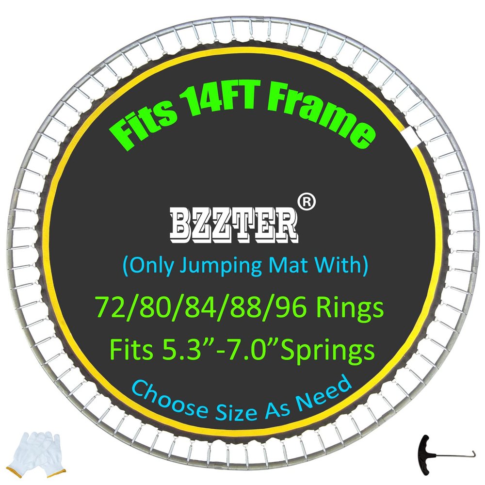 Bzzter Replacement Trampoline Mat,Fits 14ft Round Frame,with 80 Rings& 147.6 Inch Diameter, Fits 6.5"-7.0" Springs,10 Rows of Stitching for Longer Lasting,w/Pull Hook and Gloves,14ft Trampoline Mat