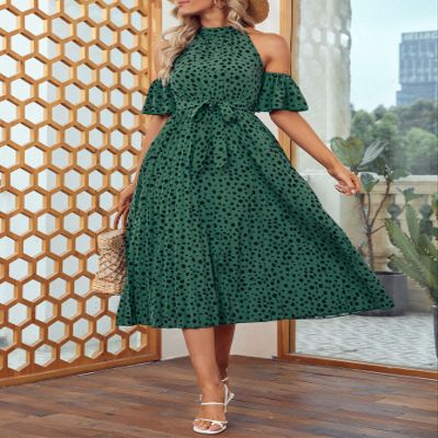 FDSUFDY Summer Dresses for Women 2022 Dalmatian Print Cold Shoulder Pleated Hem Flounce Sleeve Belted Dress Dresses for Women (Color : Green, Size : Small)