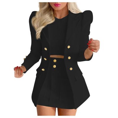 tuduoms Women's Sexy Blazer Suits Sets 2 Piece Short Blazer Outfits Puff Sleeve Formal Office Business Work Jacket Skirt Suit