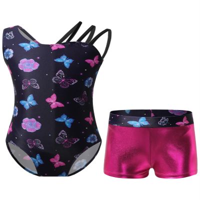 Hedmy Gymnastic Leotard for Kids Girls One-Piece Unitard Biketard with Shiny Bootyshorts Dancewear Tracksuit Rose_Red 6 Years