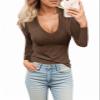 Womens Casual Long Sleeve Tshirt Tops Deep V Neck Shirts Casual Slim Fit Basic T-Shirt Tunic Blouse Tee C-Brown view 1