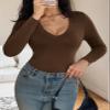 Womens Casual Long Sleeve Tshirt Tops Deep V Neck Shirts Casual Slim Fit Basic T-Shirt Tunic Blouse Tee C-Brown view 2
