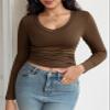 Womens Casual Long Sleeve Tshirt Tops Deep V Neck Shirts Casual Slim Fit Basic T-Shirt Tunic Blouse Tee C-Brown view 3