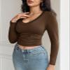 Womens Casual Long Sleeve Tshirt Tops Deep V Neck Shirts Casual Slim Fit Basic T-Shirt Tunic Blouse Tee C-Brown view 4