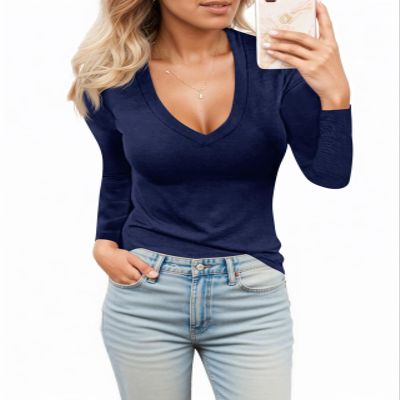 Womens Casual Long Sleeve Tshirt Tops Deep V Neck Shirts Casual Slim Fit Basic T-Shirt Tunic Blouse Tee
