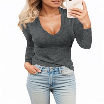 Womens Casual Long Sleeve Tshirt Tops Deep V Neck Shirts Casual Slim Fit Basic T-Shirt Tunic Blouse Tee