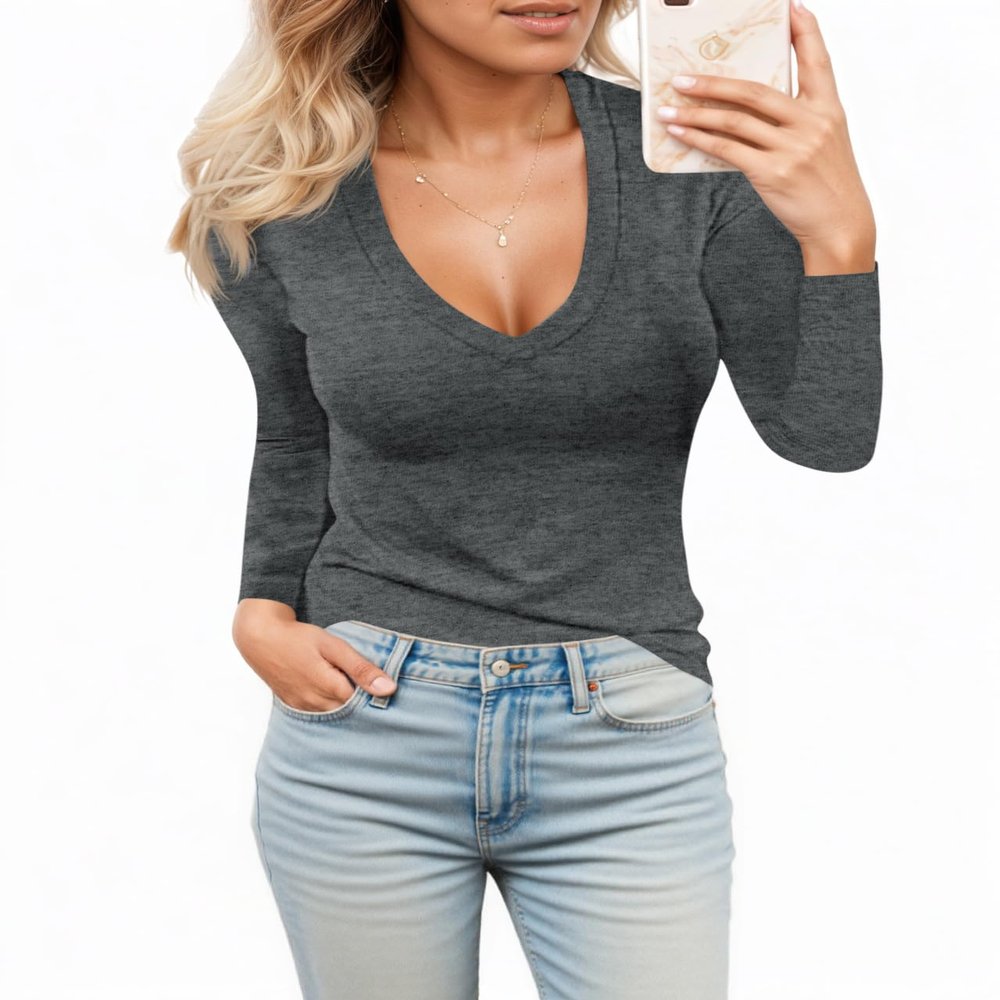 Womens Casual Long Sleeve Tshirt Tops Deep V Neck Shirts Casual Slim Fit Basic T-Shirt Tunic Blouse Tee
