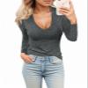 Womens Casual Long Sleeve Tshirt Tops Deep V Neck Shirts Casual Slim Fit Basic T-Shirt Tunic Blouse Tee view 1