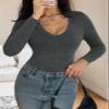 Womens Casual Long Sleeve Tshirt Tops Deep V Neck Shirts Casual Slim Fit Basic T-Shirt Tunic Blouse Tee view 2