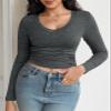 Womens Casual Long Sleeve Tshirt Tops Deep V Neck Shirts Casual Slim Fit Basic T-Shirt Tunic Blouse Tee view 3