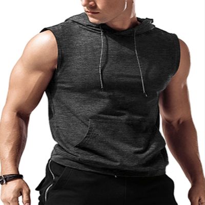 Amussiar Men's Workout Hooded Tank Tops Gym Muscle Shirt with Kanga Pocket Sleeveless Bodybuilding Hoodies Heather Grey