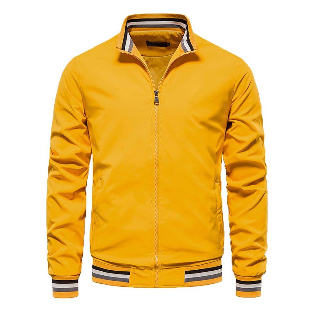 Casual Men's Quilted Bomber Jacket Outdoor Windproof Warm Baseball Jackets Windbreaker Full Zip Biker Coats Yellow